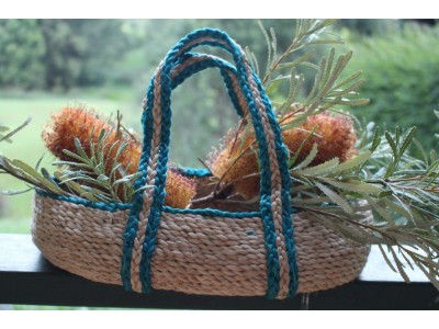 Gathering Basket Jute Turquoise Trim